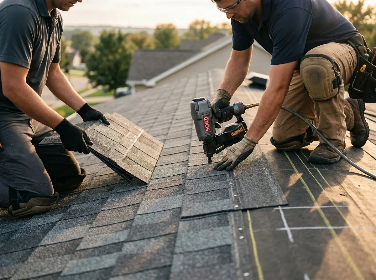 Professional roofer working on a residential roof in Baraboo